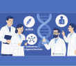 Illustration of four scientists collaborating on RNA therapeutics, with icons for mRNA, antisense oligonucleotides, and gene-related research surrounding a central RNA double helix; Kolabtree logo at the bottom.
